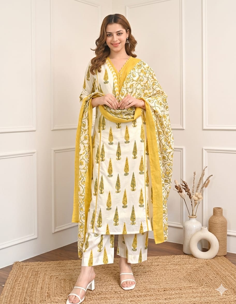 Elegant Hand-Block Floral 3-Piece Salwar Set