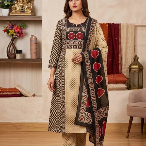 Ajrakh Print Cotton Salwar Suit Set.