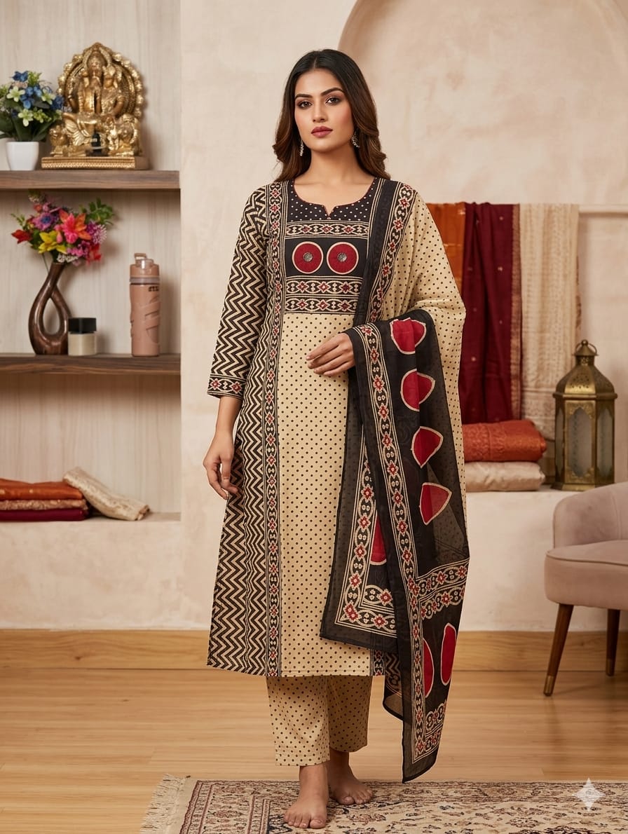 Ajrakh Print Cotton Salwar Suit Set.