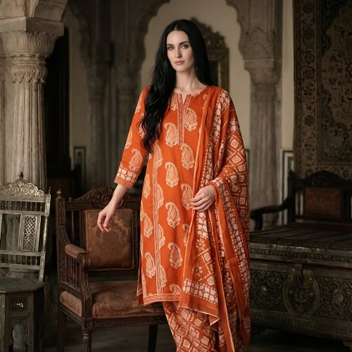Elegant Orange Printed Kurta Set With Dupatta