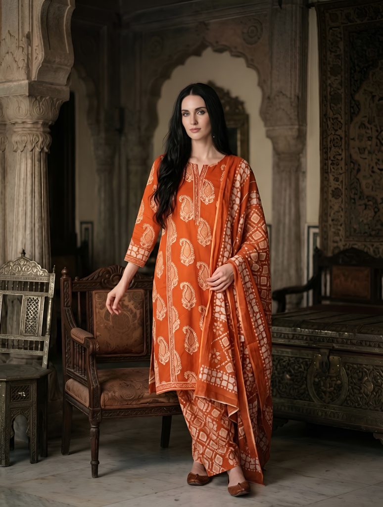 Elegant Orange Printed Kurta Set With Dupatta