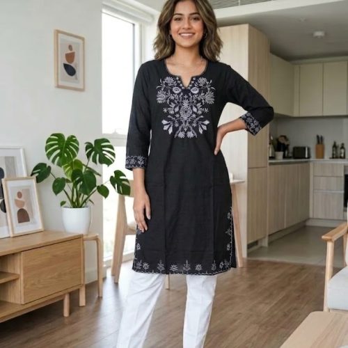 Black Embroidered Cotton Kurti with White Trousers