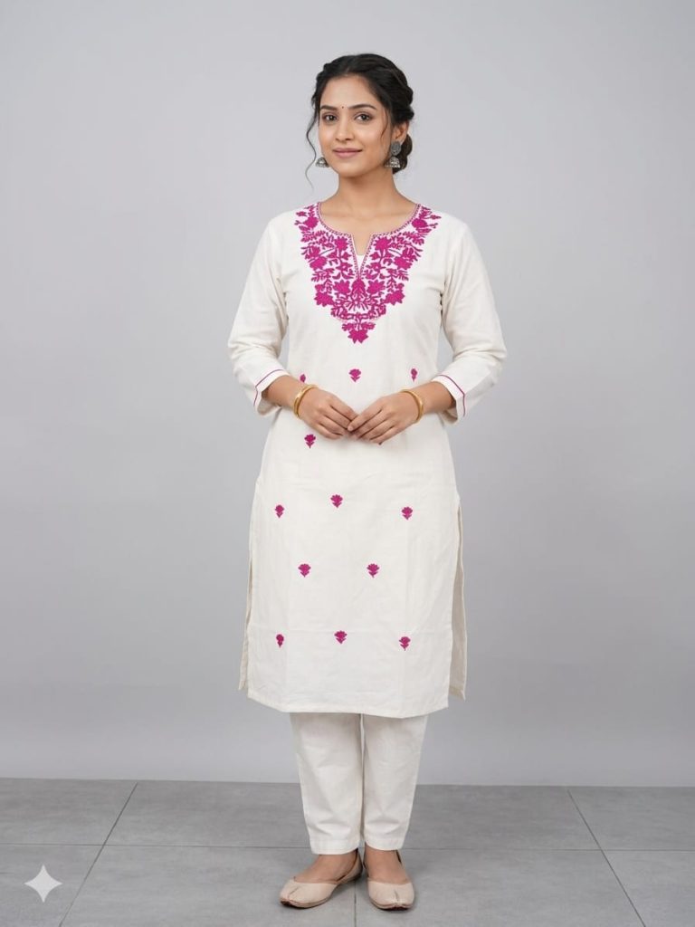 Elegant White Cotton Kurta with Magenta Floral Embroidery