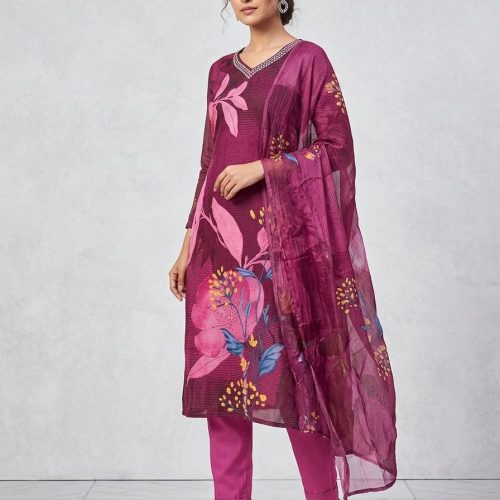 Deep Wine Silk Kurta with Floral Print & Tapered Pants"
