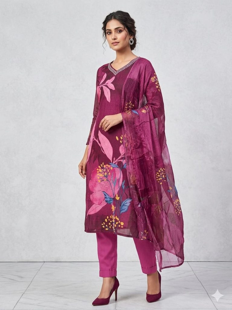 Deep Wine Silk Kurta with Floral Print & Tapered Pants”