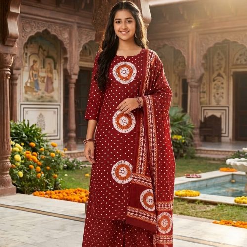 Aanchal Maroon Bandhej Suits