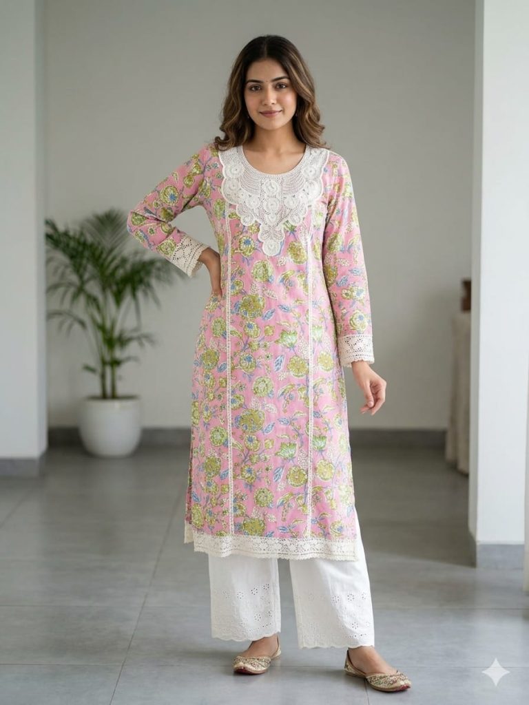 Gulabi Floral Cotton Kurta with Intricate Lace Work