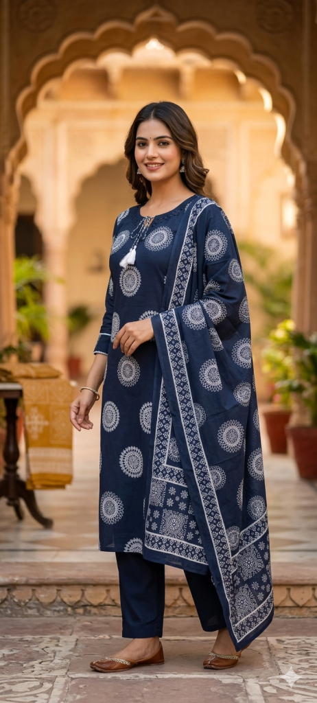 Navy Blue Cotton Suit Set
