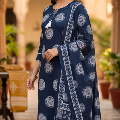 Navy Blue Cotton Suit Set