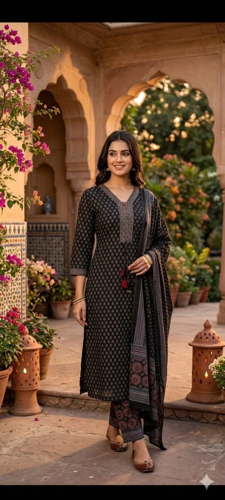Midnight Black Ajrakh Print Pure Cotton Kurta Pant Set with Dupatta