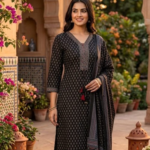 Midnight Black Ajrakh Print Pure Cotton Kurta Pant Set with Dupatta