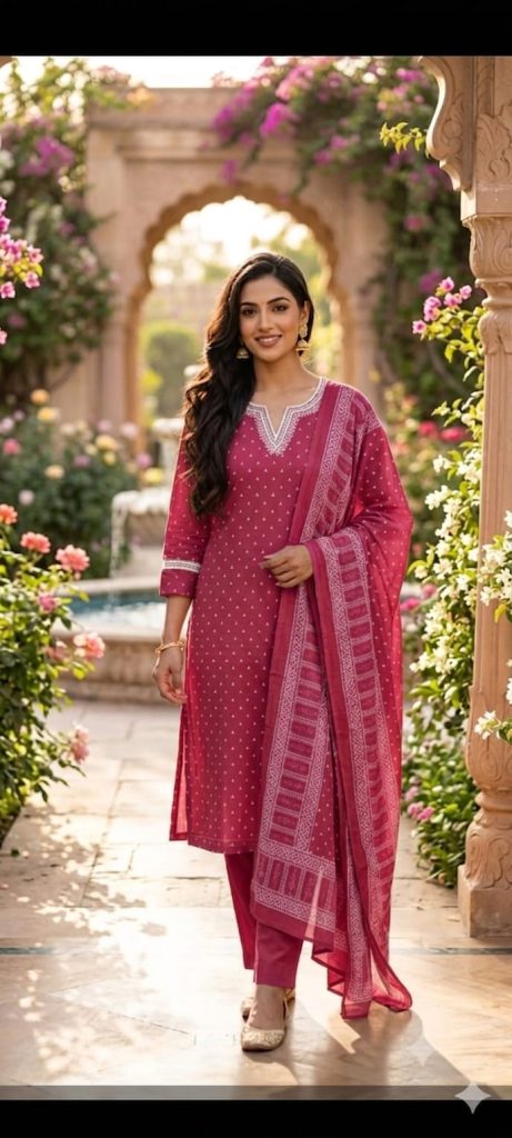 Magenta Embroidered V-Neck Suit Set