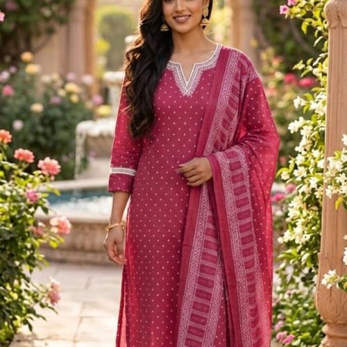 Magenta Embroidered V-Neck Suit Set