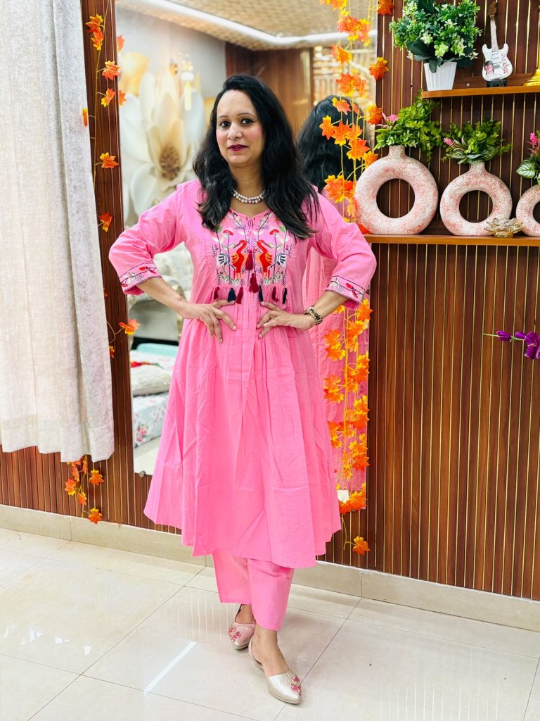 Pink Bird Embroidery Cotton Flared Kurta Pant Set