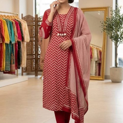 ✨Elegant Maroon Geometric Printed Kurta Set with Printed Dupatta✨
