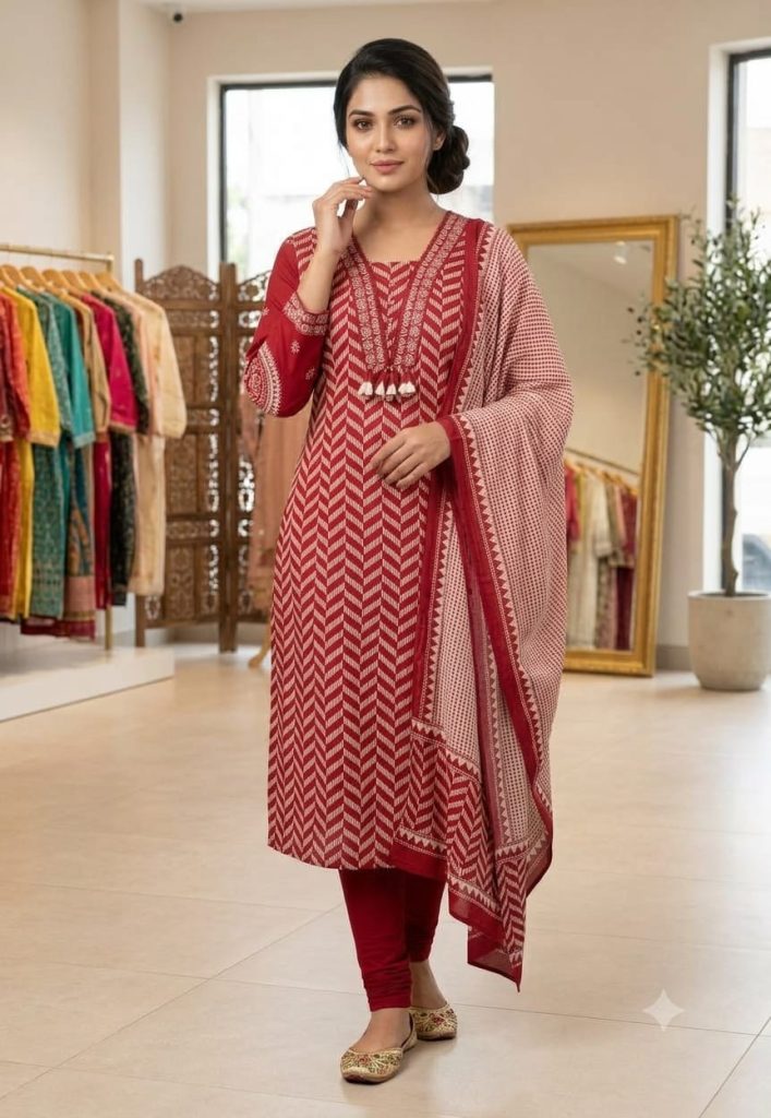 ✨Elegant Maroon Geometric Printed Kurta Set with Printed Dupatta✨