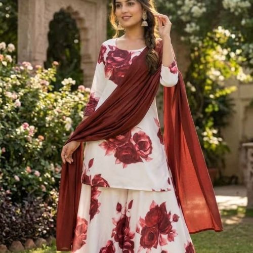 Maroon Floral Palazzo Suit