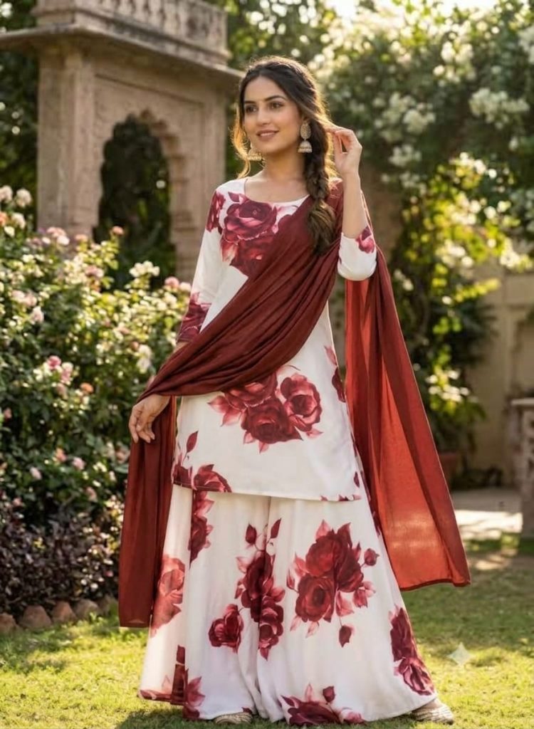 Maroon Floral Palazzo Suit
