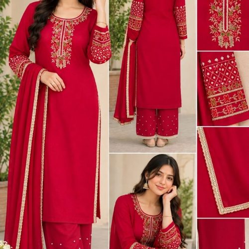 Red Embroidered Palazzo Suit