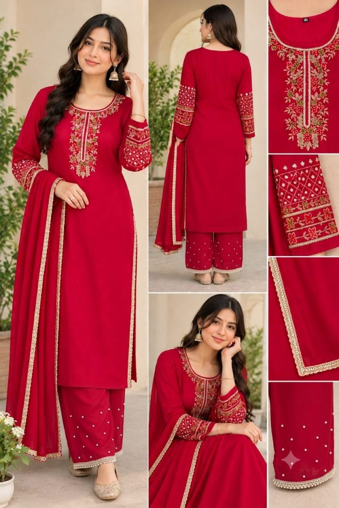 Red Embroidered Palazzo Suit
