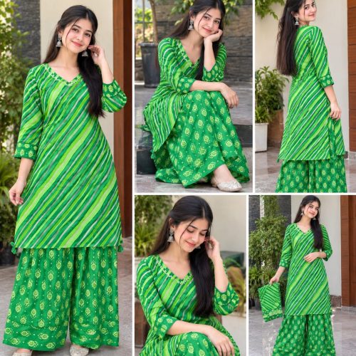 ✨ Green Cotton Farshi Suit Set with Dupatta ✨